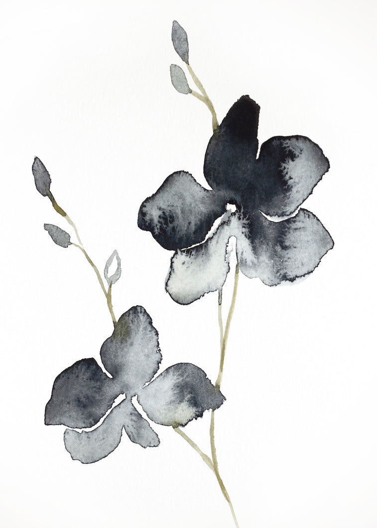 5” x 7” original watercolor botanical floral orchid painting in an expressive, impressionist, minimalist, modern style by contemporary fine artist Elizabeth Becker