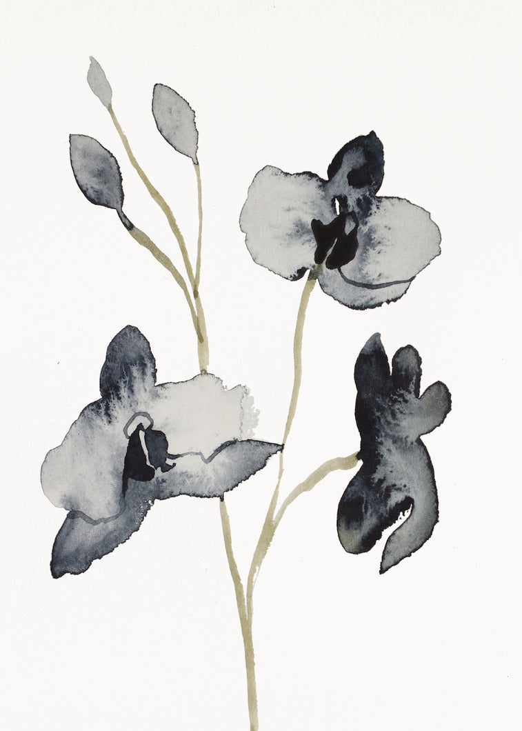 5” x 7” original watercolor botanical floral orchid painting in an expressive, impressionist, minimalist, modern style by contemporary fine artist Elizabeth Becker