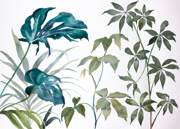26” x 36” original watercolor abstract green botanical plant painting in an ethereal, expressive, impressionist, minimalist, modern style by contemporary fine artist Elizabeth Becker