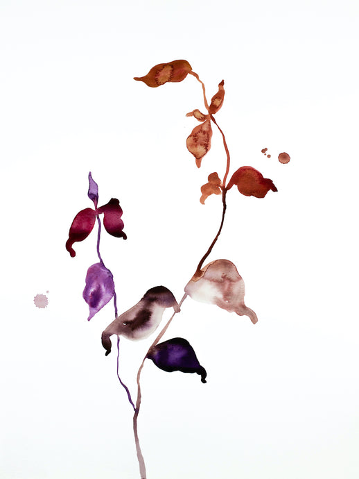 18” x 24” original watercolor botanical nature painting of autumn leaves and branches in an abstract, expressive, impressionist, minimalist, modern style by contemporary fine artist Elizabeth Becker. Soft mauve purple, orange and white colors.