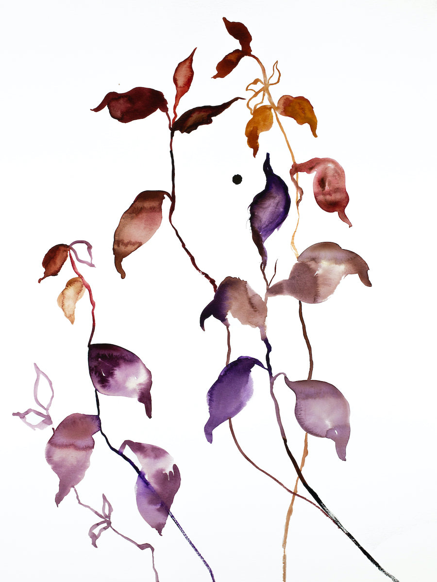 18” x 24” original watercolor botanical nature painting of autumn leaves and branches in an abstract, expressive, impressionist, minimalist, modern style by contemporary fine artist Elizabeth Becker. Soft muted monochromatic mauve purple, deep red, burnt sienna, orange and white colors.