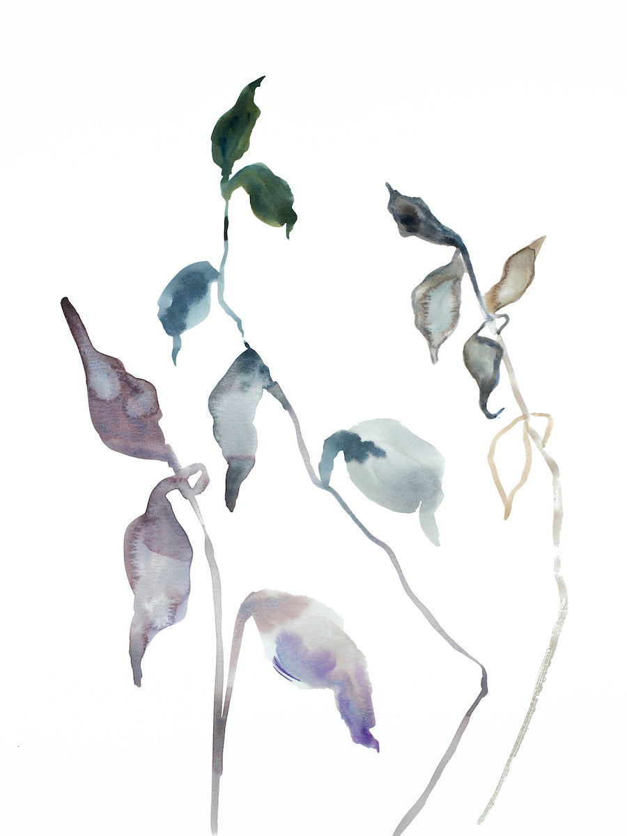 18” x 24” original watercolor botanical nature painting of autumn leaves and branches in an abstract, expressive, impressionist, minimalist, modern style by contemporary fine artist Elizabeth Becker. Soft pale muted lavender purple, blue, green and white colors.