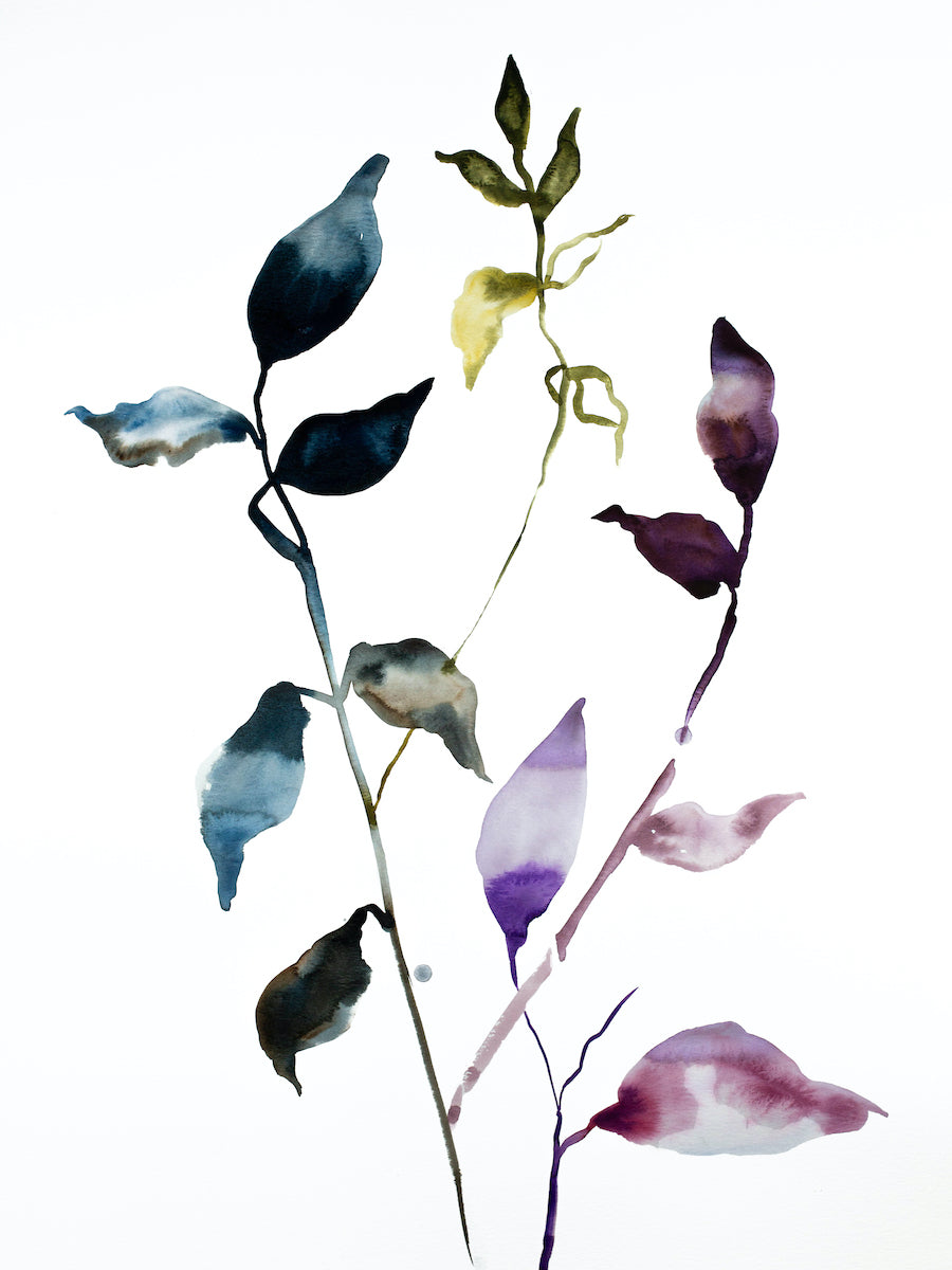 18” x 24” original watercolor botanical nature painting of autumn leaves and branches in an abstract, expressive, impressionist, minimalist, modern style by contemporary fine artist Elizabeth Becker. Soft muted moody blue, purple, green gold and white colors.
