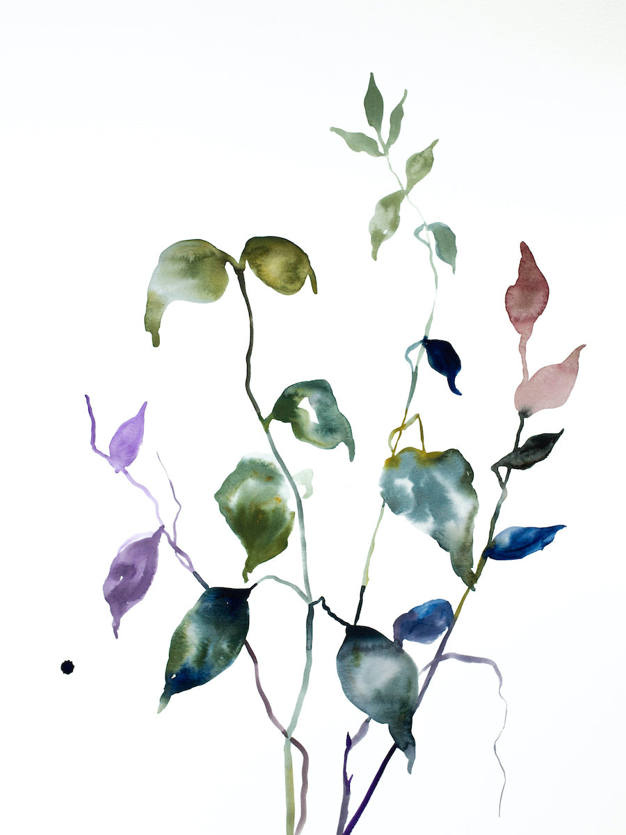 18” x 24” original watercolor botanical nature painting of autumn leaves and branches in an abstract, expressive, impressionist, minimalist, modern style by contemporary fine artist Elizabeth Becker. Soft muted monochromatic blue gold green, mauve purple and white colors.