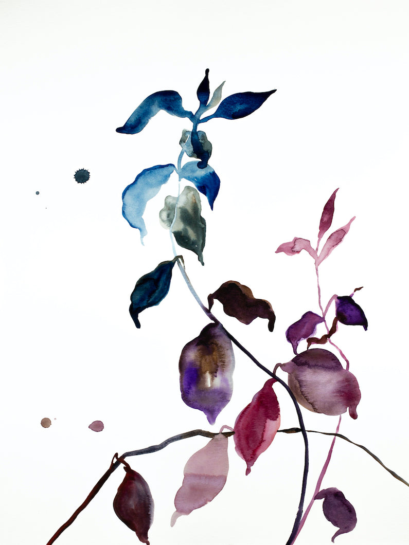 18” x 24” original watercolor botanical nature painting of autumn leaves and branches in an abstract, expressive, impressionist, minimalist, modern style by contemporary fine artist Elizabeth Becker. Soft muted monochromatic blue, pink, mauve purple and white colors.
