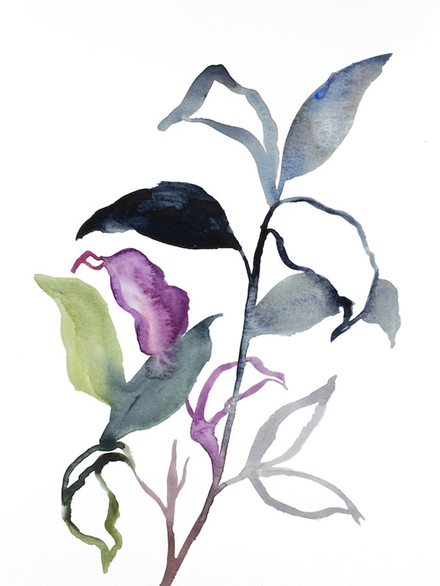 9” x 12” original watercolor botanical nature painting of plant and leaves in an abstract, expressive, impressionist, minimalist, modern style by contemporary fine artist Elizabeth Becker. Soft blue gray, green gold, purple, black and white colors.