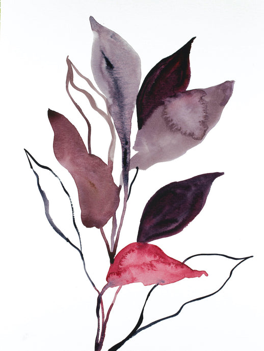 9” x 12” original watercolor botanical nature painting of plant and leaves in an abstract, expressive, impressionist, minimalist, modern style by contemporary fine artist Elizabeth Becker. Soft muted monochromatic deep purple, pink, red and white colors.