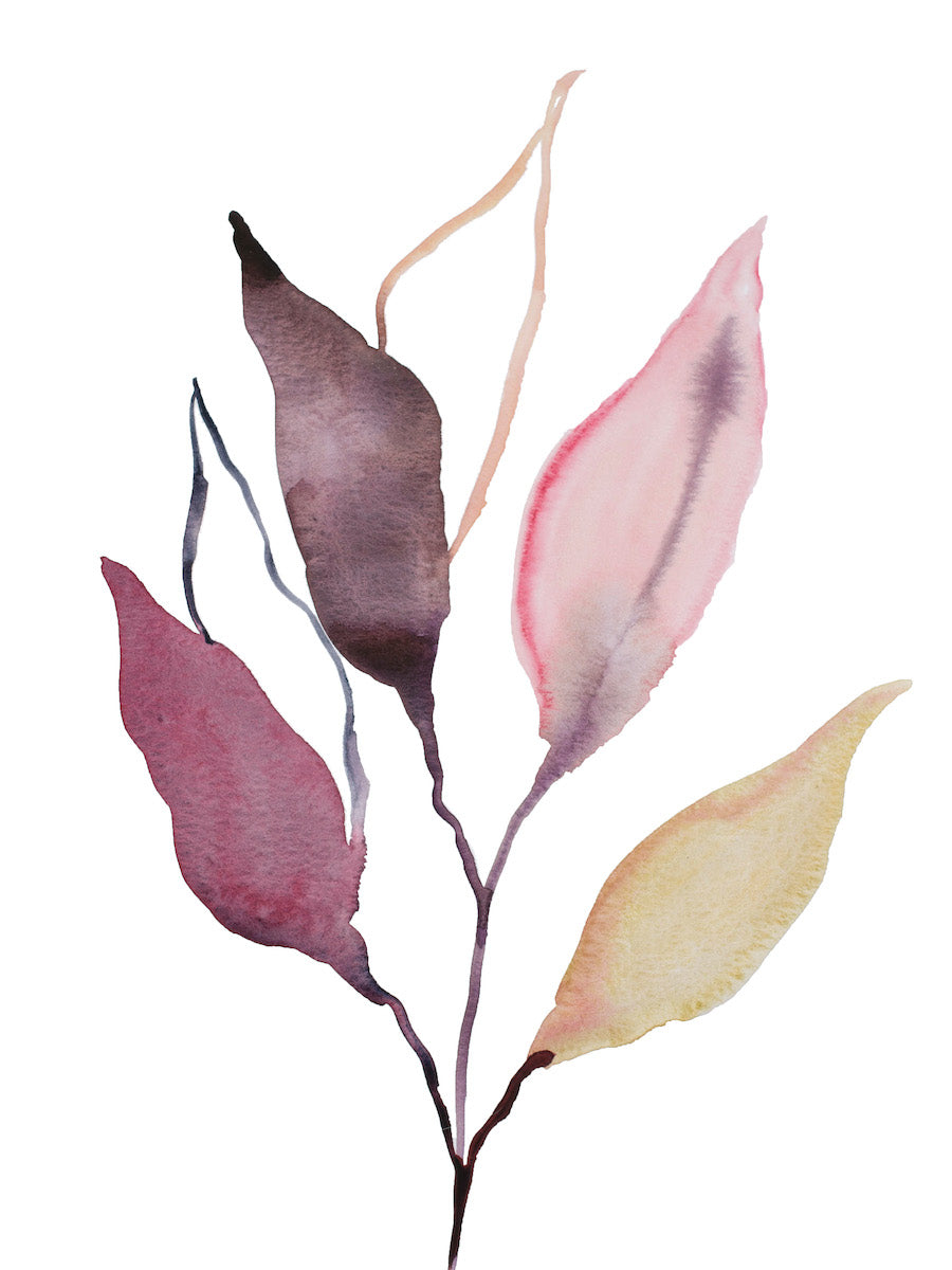 9” x 12” original watercolor botanical nature painting of plant and leaves in an abstract, expressive, impressionist, minimalist, modern style by contemporary fine artist Elizabeth Becker. Soft muted monochromatic pale pink, red, mauve purple, gold, peach and white colors.