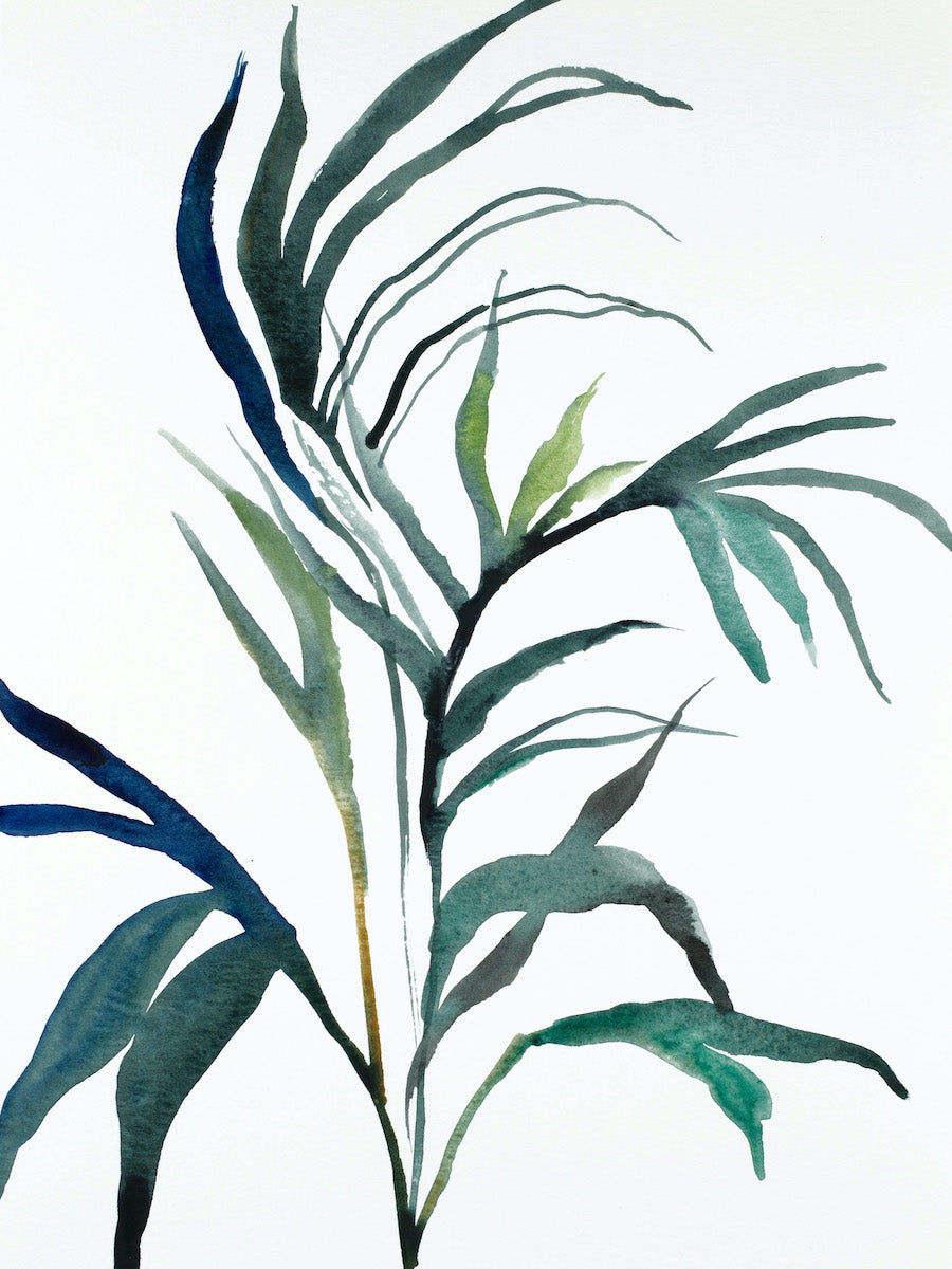 9” x 12” original watercolor botanical nature plant painting of leaves and branches in an expressive, impressionist, minimalist, modern style by contemporary fine artist Elizabeth Becker. Monochromatic blue green gold and white colors.