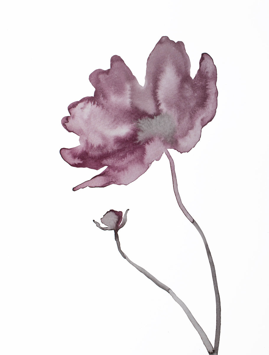 9” x 12” original botanical poppy flower, floral ink painting in an expressive, impressionist, minimalist, modern style by contemporary fine artist Elizabeth Becker.