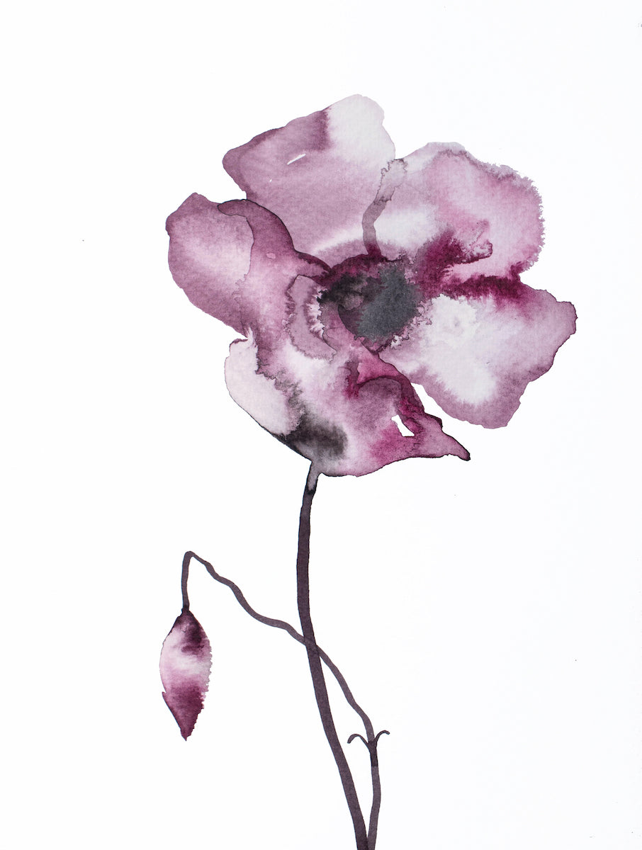 9” x 12” original botanical floral ink painting in an expressive, impressionist, minimalist, modern style by contemporary fine artist Elizabeth Becker. Soft watery mauve, eggplant, plum purple and white colors.
