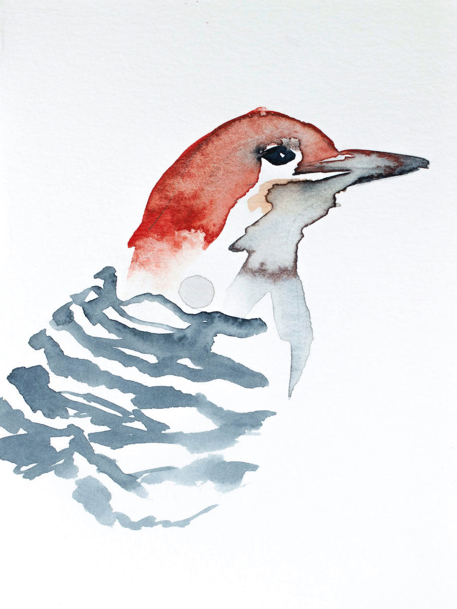 4” x 6” original watercolor wildlife nature red-bellied woodpecker woodland bird painting in an ethereal, expressive, impressionist, minimalist, modern style by contemporary fine artist Elizabeth Becker. Soft red, gray and white colors.