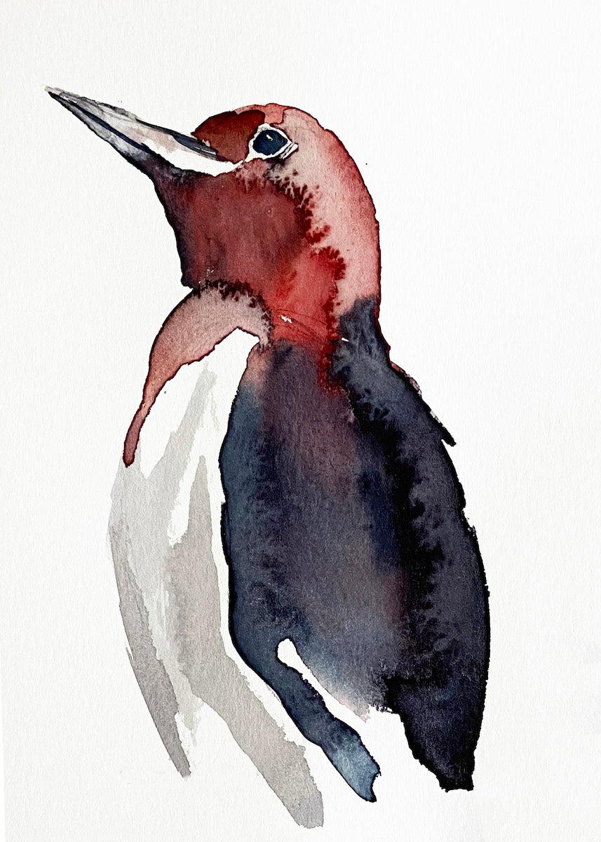 Red-Headed Woopecker No. 25” x 7” original watercolor wildlife nature woodpecker painting in an ethereal, expressive, impressionist, minimalist, modern style by contemporary fine artist Elizabeth Becker