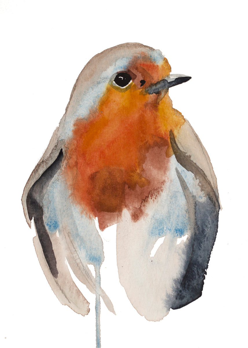 5” x 7” original watercolor wildlife nature robin painting in an ethereal, expressive, impressionist, minimalist, modern style by contemporary fine artist Elizabeth Becker