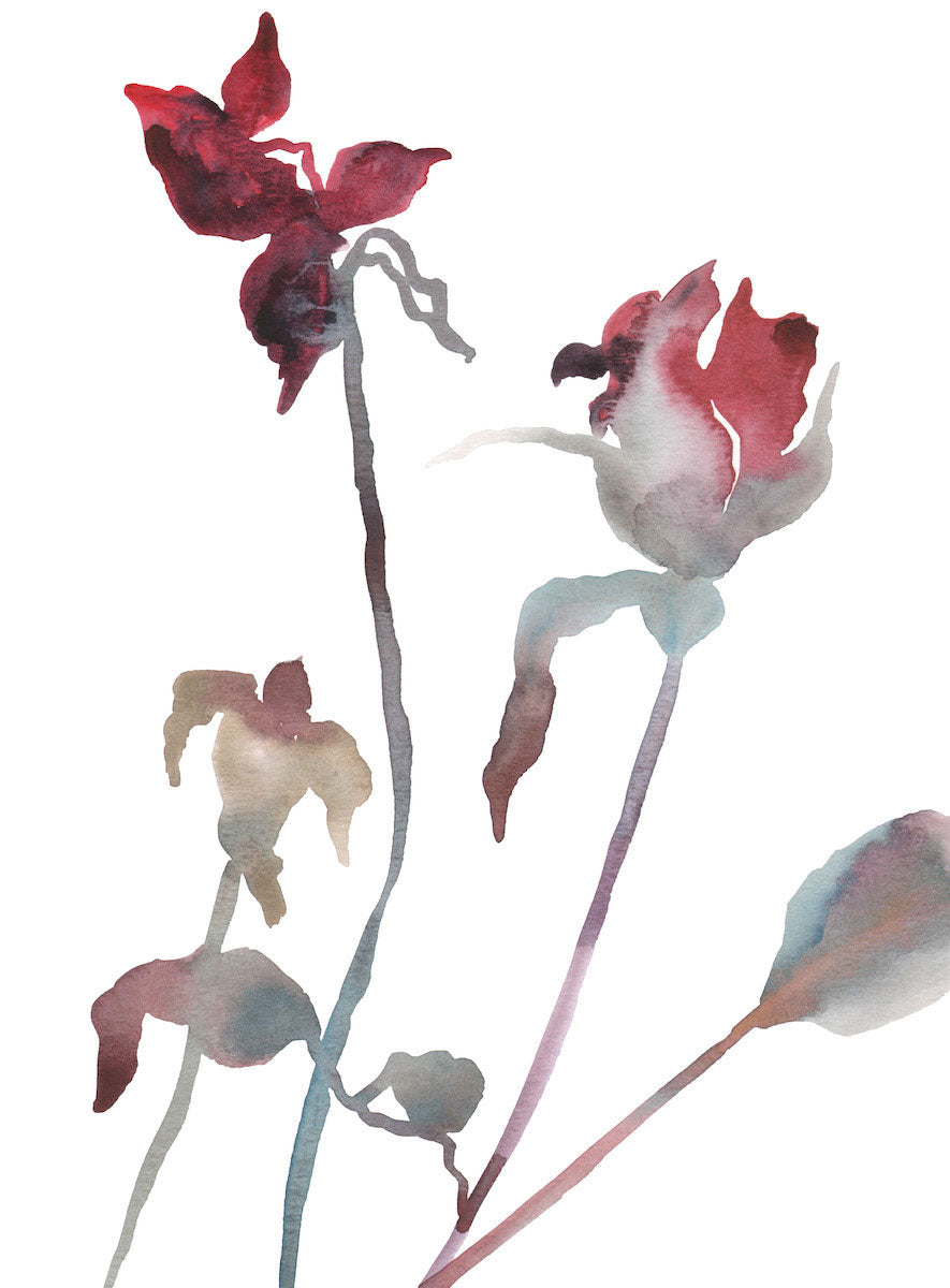 9” x 12” original watercolor botanical floral rose bud painting in an ethereal, expressive, impressionist, minimalist, modern style by contemporary fine artist Elizabeth Becker. Soft and deep red, light blue green, gold, mauve purple and white colors.