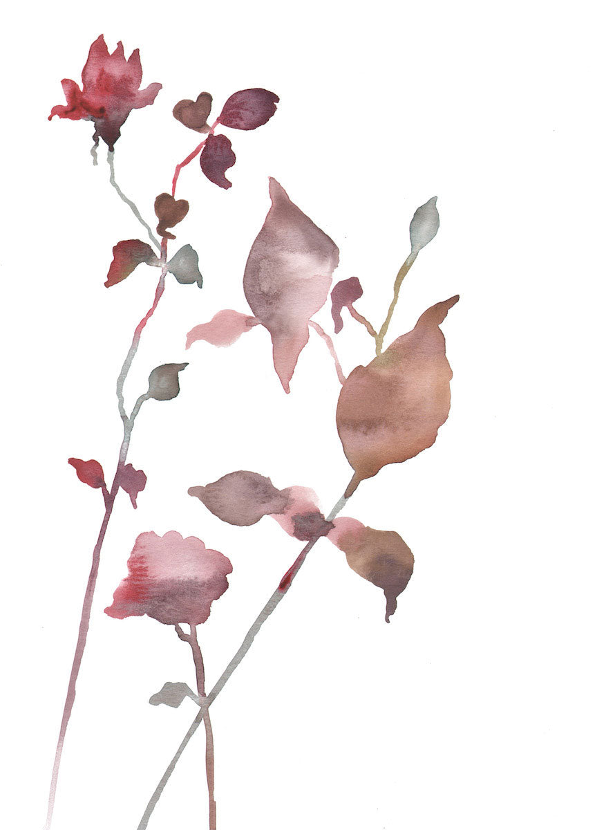 9” x 12” original watercolor botanical floral rose bud painting in an ethereal, expressive, impressionist, minimalist, modern style by contemporary fine artist Elizabeth Becker. Soft red, brown, mauve purple, burnt sienna and white colors.