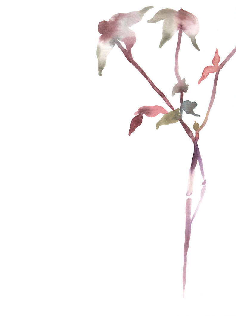 9” x 12” original watercolor botanical floral rose bud painting in an ethereal, expressive, impressionist, minimalist, modern style by contemporary fine artist Elizabeth Becker. Soft mauve purple, pink, olive green and white colors.