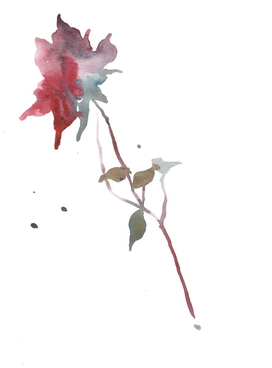 9” x 12” original watercolor botanical floral rose bud painting in an ethereal, expressive, impressionist, minimalist, modern style by contemporary fine artist Elizabeth Becker. Soft red, light blue green, olive and white colors.