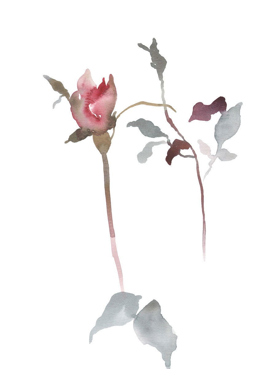 9” x 12” original watercolor botanical floral rose bud painting in an ethereal, expressive, impressionist, minimalist, modern style by contemporary fine artist Elizabeth Becker. Soft red, pink, mauve purple, pale blue green and white colors.