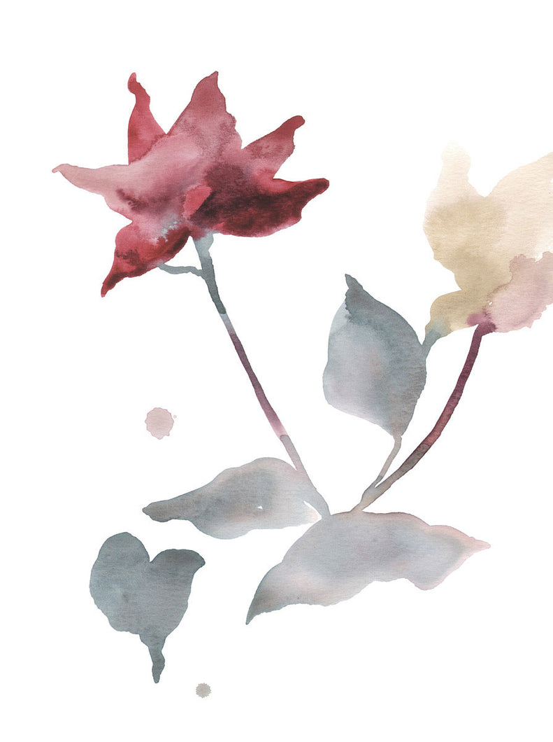 9” x 12” original watercolor botanical simple floral rose painting in an ethereal, expressive, impressionist, minimalist, modern style by contemporary fine artist Elizabeth Becker. Deep red, soft blue green, pale yellow and white colors.