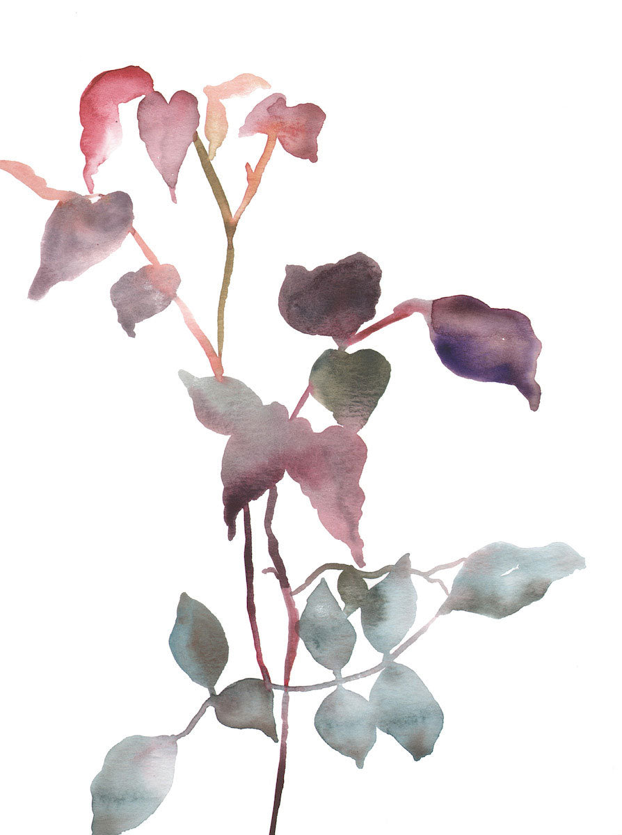 9” x 12” original watercolor botanical floral rose bush branches and leaves painting in an ethereal, expressive, impressionist, minimalist, modern style by contemporary fine artist Elizabeth Becker. Soft red, pink, mauve purple, light blue green, peach and white colors.