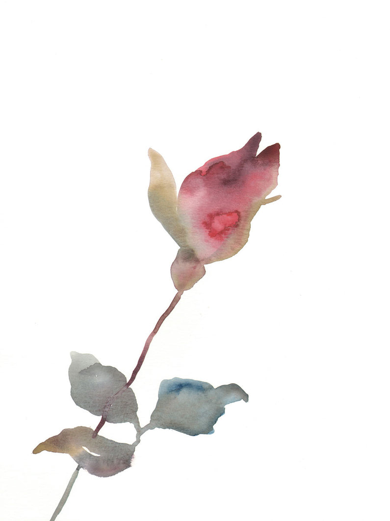 9” x 12” original watercolor botanical simple floral rose painting in an ethereal, expressive, impressionist, minimalist, modern style by contemporary fine artist Elizabeth Becker. Deep red, soft olive gold, light blue green and white colors.