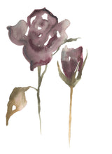 Load image into Gallery viewer, 9” x 12” original watercolor botanical floral rose painting in an ethereal, expressive, impressionist, minimalist, modern style by contemporary fine artist Elizabeth Becker. Soft and deep moody mauve purple, brown, olive green and white colors.
