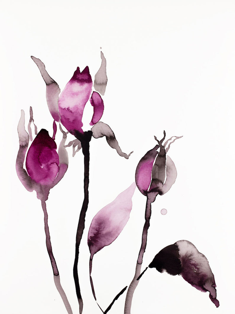 9” x 12” original watercolor ink botanical hellebore floral painting in an expressive, impressionist, minimalist, modern style by contemporary fine artist Elizabeth Becker. Deep moody monochromatic fuschia pink black and white colors.