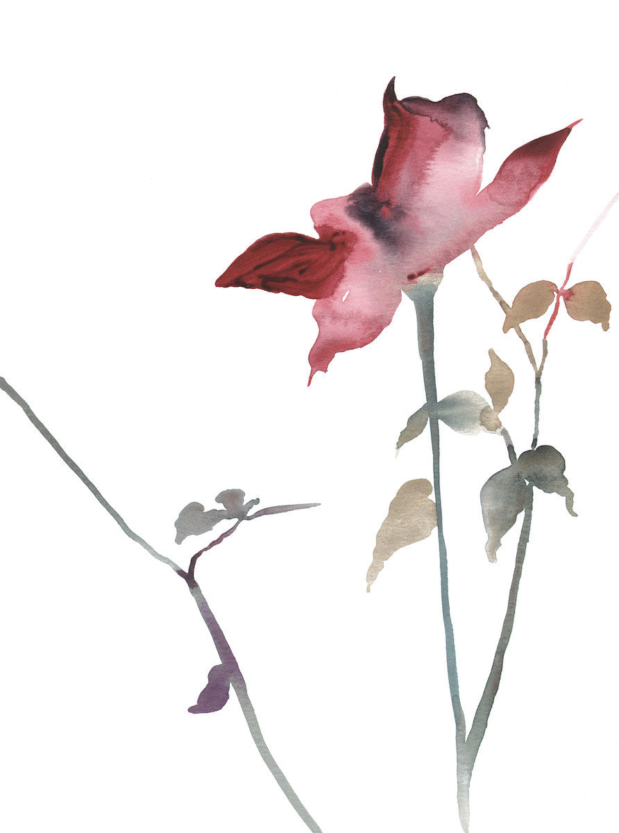 9” x 12” original watercolor botanical floral rose painting in an ethereal, expressive, impressionist, minimalist, modern style by contemporary fine artist Elizabeth Becker. Soft and deep red, blue green, olive and white colors.