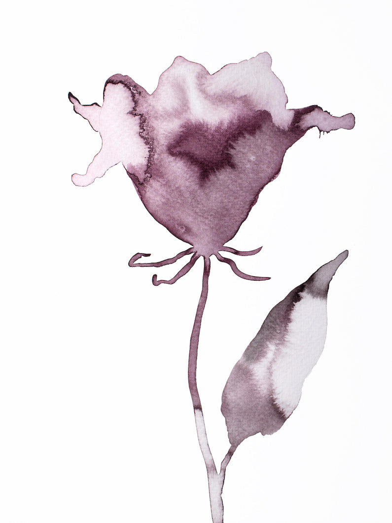 9” x 12” original botanical rose flower, floral ink painting in an expressive, impressionist, minimalist, modern style by contemporary fine artist Elizabeth Becker. Soft watery mauve, eggplant, plum purple and white colors.