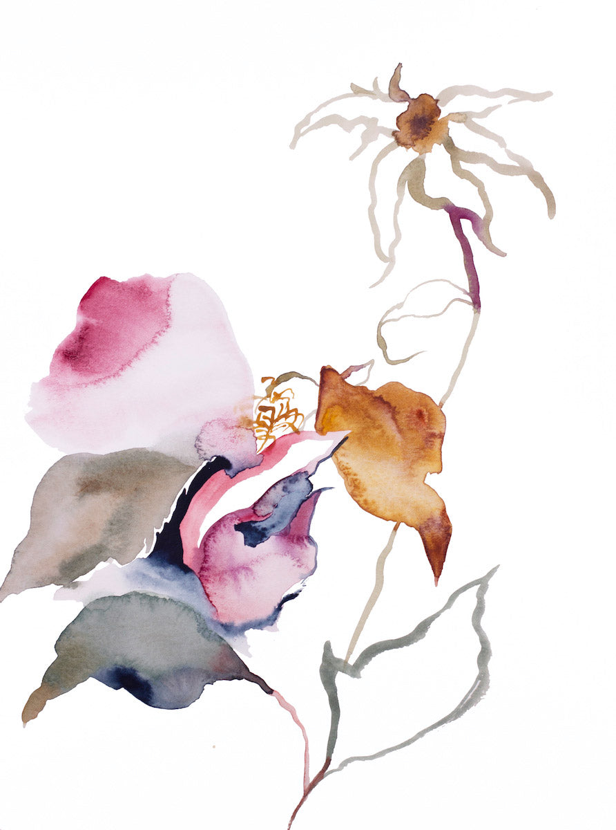 9” x 12” original watercolor botanical floral rose painting in an expressive, impressionist, minimalist, modern style by contemporary fine artist Elizabeth Becker