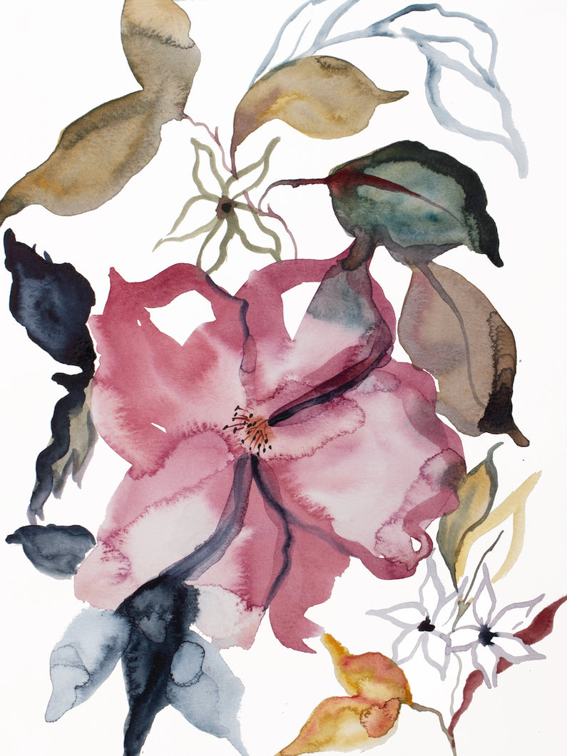 9” x 12” original watercolor botanical abstract floral rose painting in an ethereal, expressive, impressionist, minimalist, modern style by contemporary fine artist Elizabeth Becker