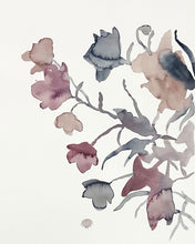 Load image into Gallery viewer, 16” x 20” original watercolor botanical shadow floral painting in an expressive, impressionist, minimalist, modern style by contemporary fine artist Elizabeth Becker. Soft watery monochromatic mauve purple, gray, black and white colors. 
