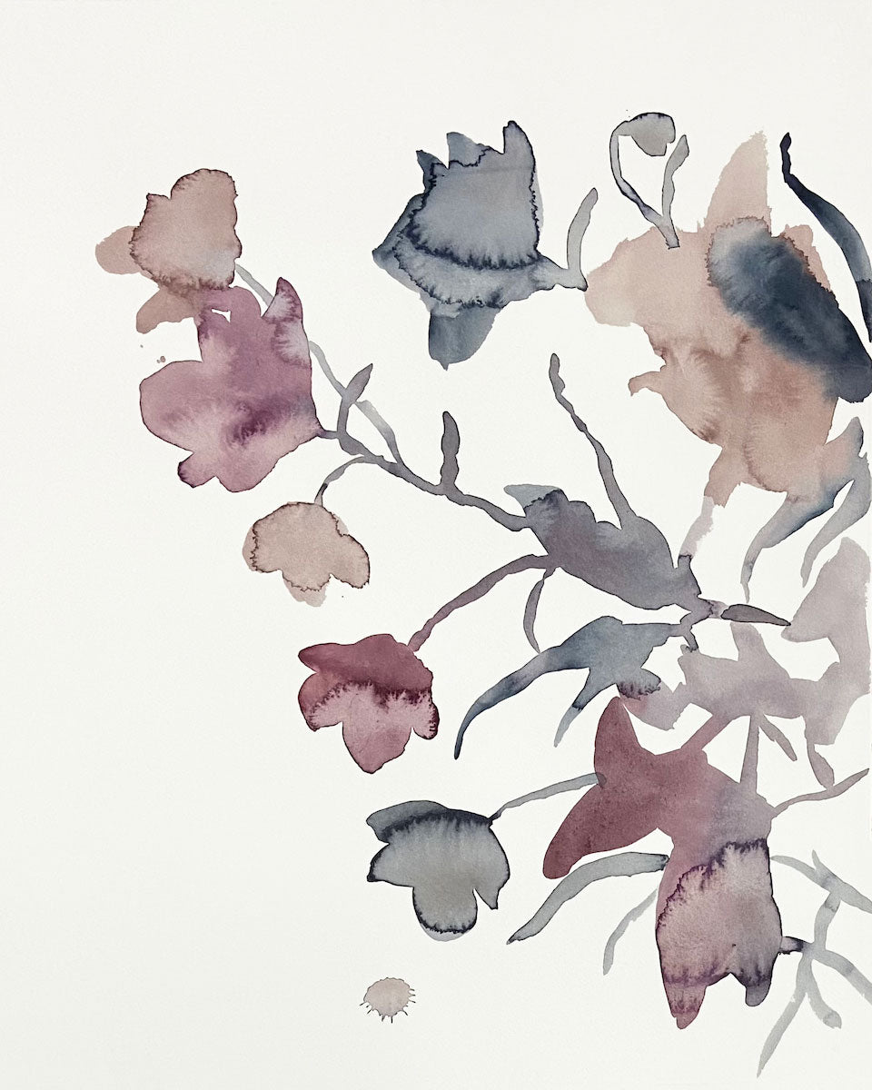 16” x 20” original watercolor botanical shadow floral painting in an expressive, impressionist, minimalist, modern style by contemporary fine artist Elizabeth Becker. Soft watery monochromatic mauve purple, gray, black and white colors. 