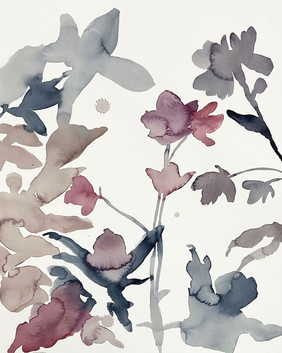 16” x 20” original watercolor botanical shadow floral painting in an expressive, impressionist, minimalist, modern style by contemporary fine artist Elizabeth Becker. Soft watery monochromatic mauve purple, red, gray, black and white colors.