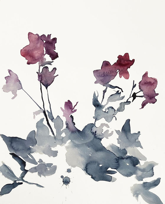 16” x 20” original watercolor botanical shadow floral painting in an expressive, impressionist, minimalist, modern style by contemporary fine artist Elizabeth Becker