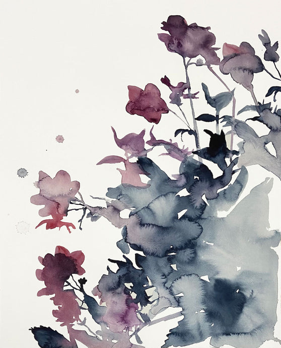 16” x 20” original watercolor botanical shadow floral painting in an expressive, impressionist, minimalist, modern style by contemporary fine artist Elizabeth Becker