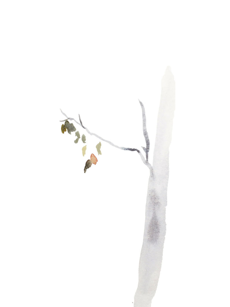 9” x 12” original watercolor botanical nature painting of trees, leaves and branches in an ethereal, expressive, impressionist, minimalist, modern style by contemporary fine artist Elizabeth Becker
