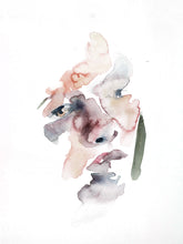 Load image into Gallery viewer, 9&quot; x 12&quot; original watercolor emotional portrait painting in an ethereal, expressive, impressionist, minimalist, modern style by contemporary fine artist Elizabeth Becker. Soft watery peach, mauve purple, olive green and white colors.
