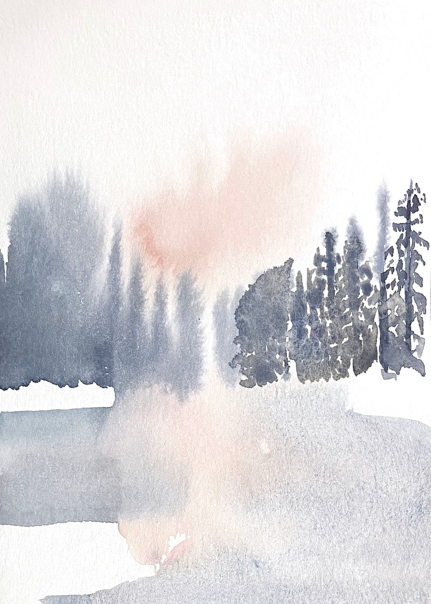 5” x 7” original watercolor abstract sunset in foggy trees landscape painting in an ethereal, expressive, impressionist, minimalist, modern style by contemporary fine artist Elizabeth Becker. Soft pastel peach and gray colors.
