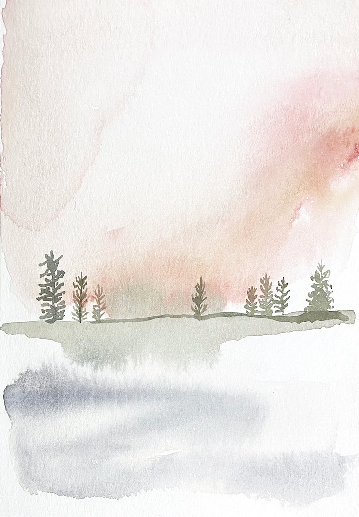 5” x 7” original watercolor abstract landscape painting in an ethereal, expressive, impressionist, minimalist, modern style by contemporary fine artist Elizabeth Becker