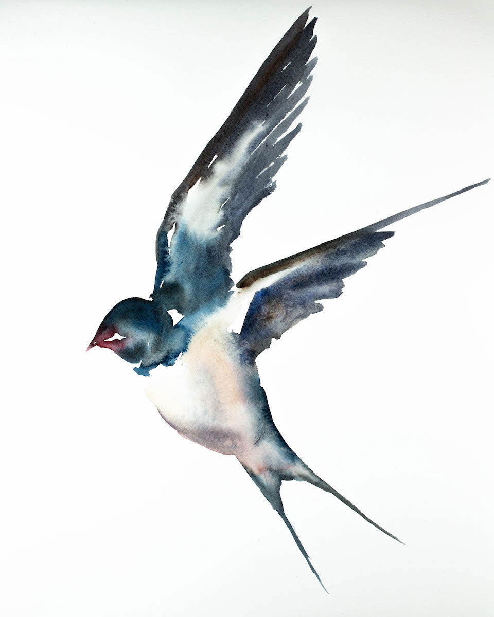 16” x 20” original watercolor flying swallow bird painting in an expressive, impressionist, minimalist, modern style by contemporary fine artist Elizabeth Becker. Soft blue green, gray and white colors.