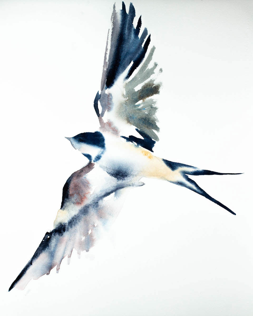 16” x 20” original watercolor flying swallow bird painting in an expressive, impressionist, minimalist, modern style by contemporary fine artist Elizabeth Becker. Soft blue, gray, mauve purple and white colors.