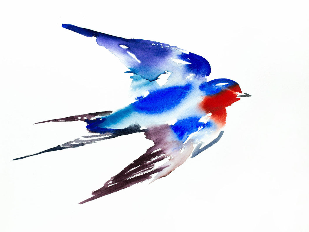 9” x 12” original watercolor and ink flying swallow bird painting in an expressive, impressionist, minimalist, modern style by contemporary fine artist Elizabeth Becker. Bright vibrant blue, red, deep mauve purple and white colors.