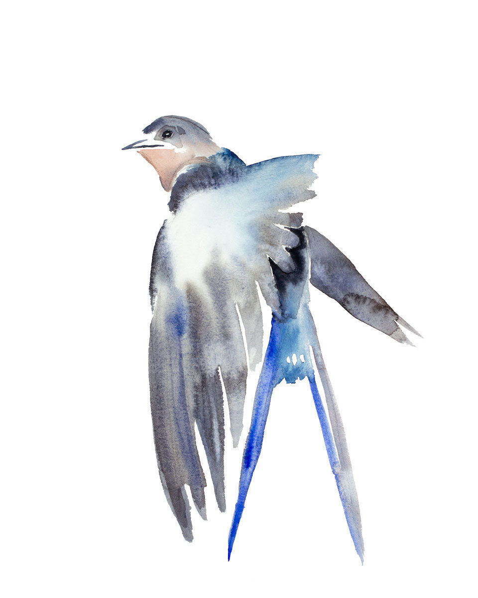16” x 20” original watercolor flying swallow bird painting in an expressive, impressionist, minimalist, modern style by contemporary fine artist Elizabeth Becker. Soft blue, gray, peach and white colors.