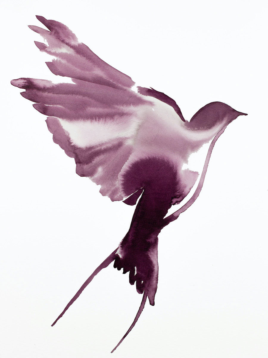 9” x 12” original watercolor ink flying swallow bird painting in an expressive, impressionist, minimalist, modern style by contemporary fine artist Elizabeth Becker. Monochromatic mauve purple and white colors.