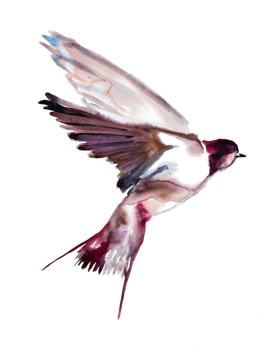 16” x 20” original watercolor flying swallow bird painting in an expressive, impressionist, minimalist, modern style by contemporary fine artist Elizabeth Becker. Monochromatic soft pink, red, mauve purple and white colors.