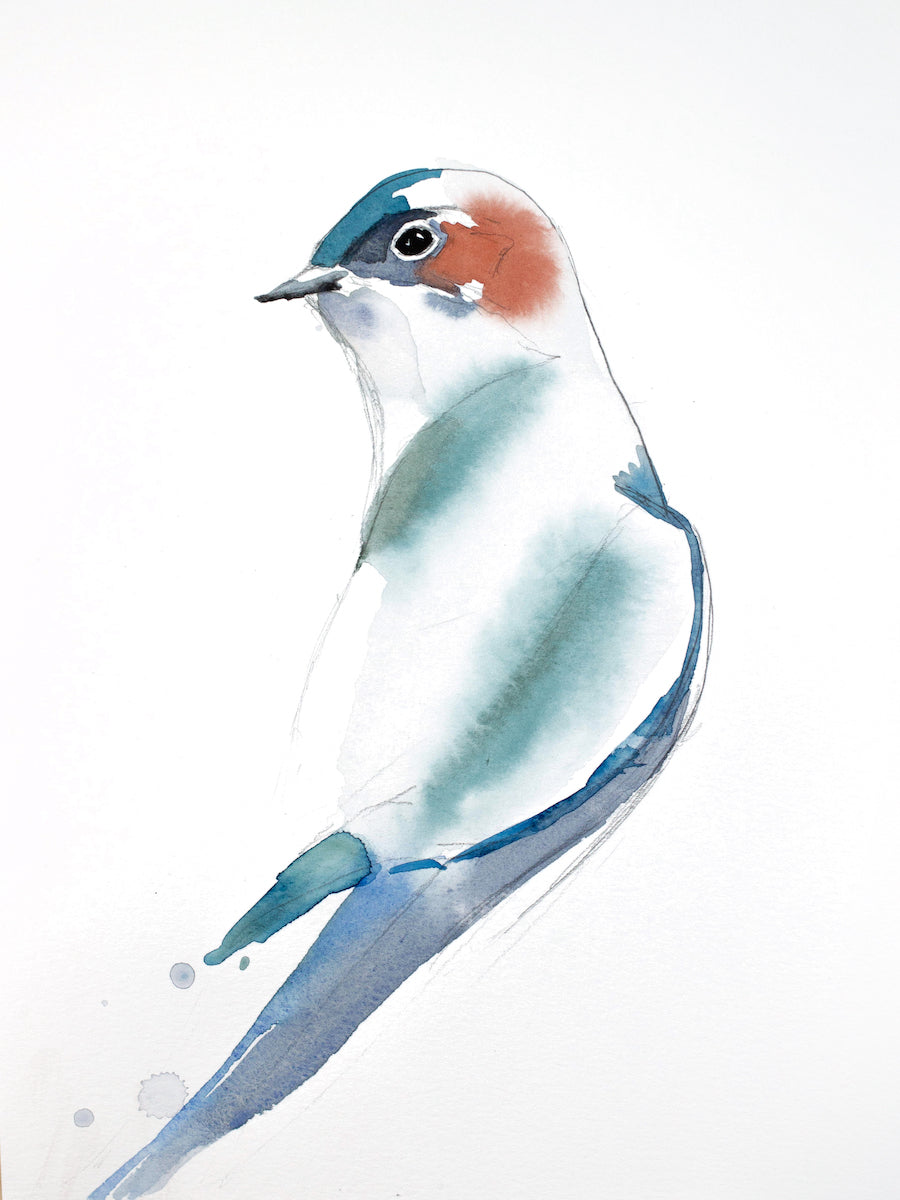 9” x 12” original watercolor barn swallow wildlife bird painting in an  ethereal, expressive, impressionist, minimalist, modern style by contemporary fine artist Elizabeth Becker. Soft pastel blue green, turquoise, teal, orange and white colors.