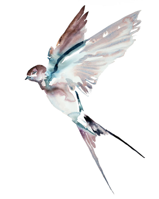 16” x 20” original watercolor flying swallow bird painting in an expressive, impressionist, minimalist, modern style by contemporary fine artist Elizabeth Becker. 