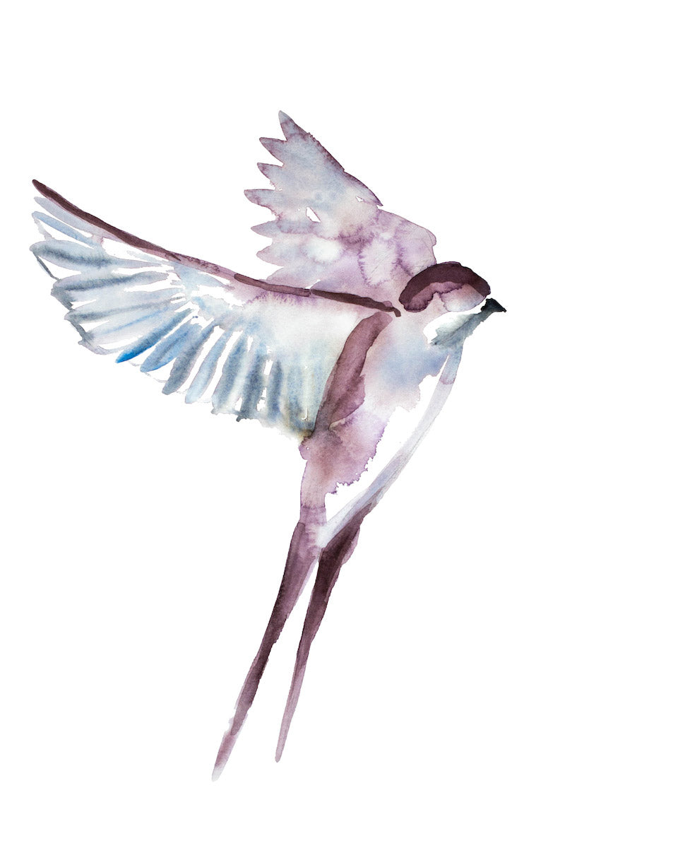 16” x 20” original watercolor flying swallow bird painting in an expressive, impressionist, minimalist, modern style by contemporary fine artist Elizabeth Becker. Soft mauve purple, blue gray and white colors.